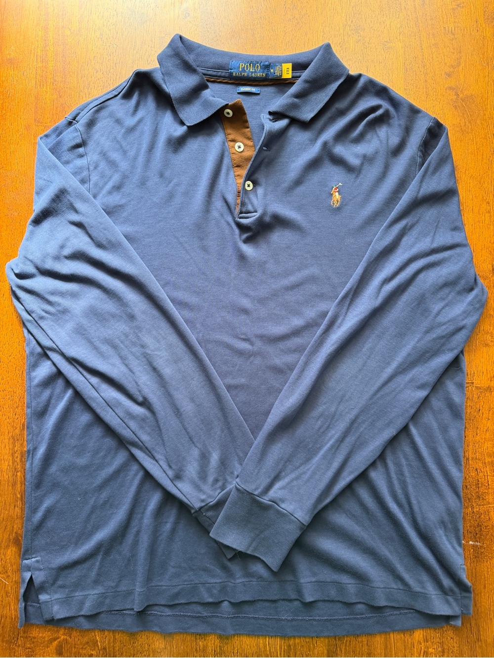 Ralph Lauren Long Sleeve Polo Shirt - Navy with Tan Trim